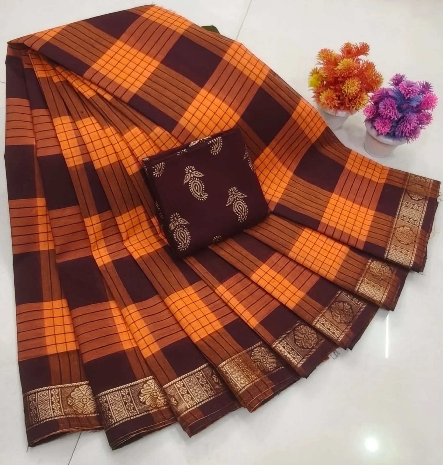 Wine and Orange Windowpane Checkered with Maroon Border Chettinad Cotton Saree
